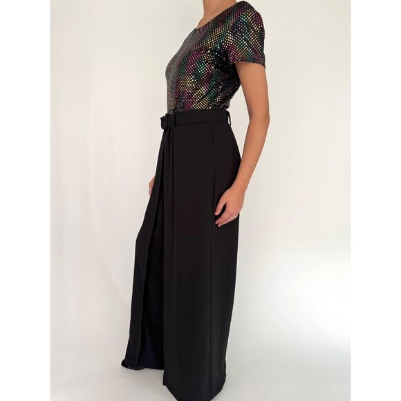 90s vintage black rainbow sequin dressy disco wide leg palazzo pant jumpsuit - Picture 4 of 10